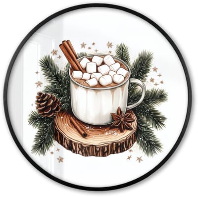 Poster in lijst Rond - Fotolijst 60x60 cm - Posters - Winter - Hout - Chocolademelk - Drink - Kerst - Ronde posterlijst zwart - Decoratie - Wanddecoratie woonkamer - Muurdecoratie slaapkamer - Kerstversiering - Kerstdecoratie voor binnen - Kerstmis