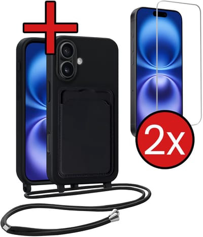 Hoesje Geschikt voor iPhone 16 Plus Hoesje Met Telefoonkoord en Pasjeshouder Met 2x Screenprotector Siliconen - Hoes Geschikt voor iPhone 16 Plus Hoesje Met Kaarthouder Case - Zwart