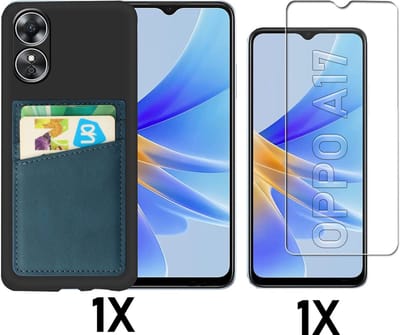 Casemania Hoesje Geschikt voor Oppo A17 Zwart - Kaarthouder Navy Blue & Glazen Screenprotector - Siliconen Back Cover