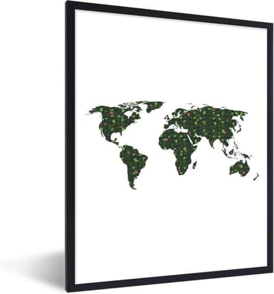 Poster in lijst - Fotolijst 30x40 cm - Posters - Wereldkaart - Planten - Groen - Posterlijst zwart - Decoratie - Wanddecoratie woonkamer - Muurdecoratie slaapkamer