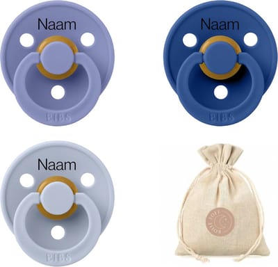 BIBS fopspenen met naam T1 + speenzakje BolleToet - Peri , Cornflower , Dusty blue - 0-6 maanden
