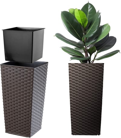 KADAX Bloempot, bloembak van kunststof, plantenbak voor bloemen, binnen en buiten, tuin, balkon, terras, huis, weerbestendig, imitatie rotan (57 cm hoog, mokka rotan)