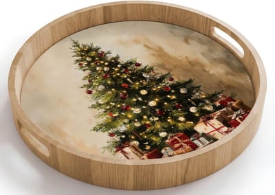 Dienblad rond 40x40 cm - Schootdienblad hout - Kerstboom - Versierd - Kleurrijk - Borrelplank rechthoek - Plateau houten dienbladen