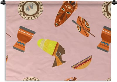 Wandkleed - Wanddoek - Afrika - Djembé - Patronen - Afrikaanse maskers - 60x45 cm - Wandtapijt