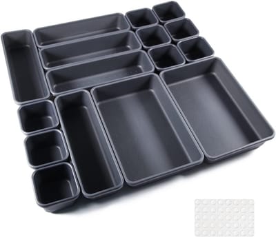 Famanu - Lade scheidingssysteem set 16 stuks zwart, organizer met siliconen antislip ballen voor commode, keuken en bureau lades