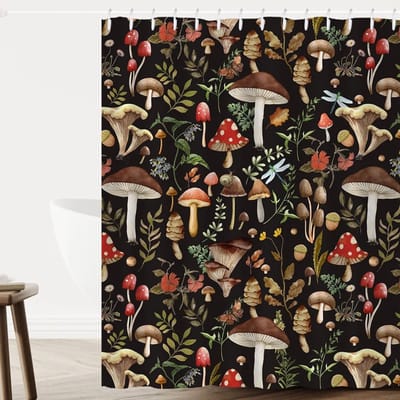 Floraweg Douchegordijn,Shower Curtain,badgordijn,badkamergordijn,Volledige printen, Champignons in het bos ,digitale printen -Anti Schimmel - Inclusief 12 ringen -met 12 stuks douchegordijnhaken – Waterdicht -Wasbaar- Polyester - 180x200 cm