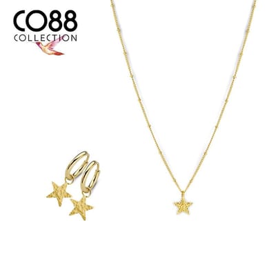 CO88 Collection 8CO-SET079 Stalen Sieradenset - Ketting met Hangertje - Oorringen met Hangertje - Ster - Bewerkt - 11 mm - Gourmette met Bolletjes - 45 + 5 cm - Goudkleurig