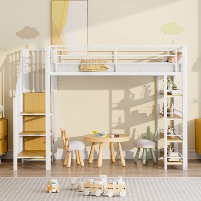 VVBV Hoogslaper 90x200 cm met Trap, Opbergruimte en Kledingkast - Metalen Kinderbed / Tienerbed met Hoge Uitvalbeveiliging - Wit
