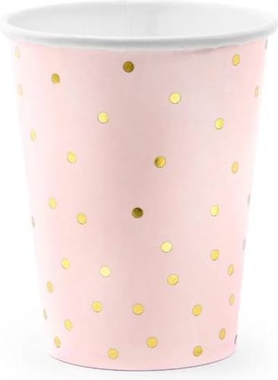 Kartonnen bekertjes ROZE met gouden stipje - 6 stuks - Party Deco - 260ML - WEGWERP BEKERTJES VOOR VERJAARDAG ROZE MET STIPJES