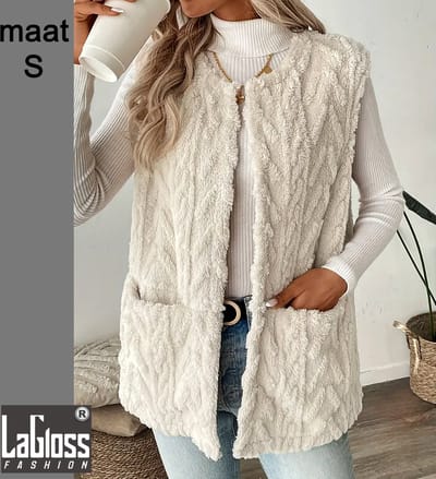 LaGloss® Mouwloos Vest Teddy Crème - Bodywarmer Pluche - Modieuze Winter Bodywarmer - Maat S