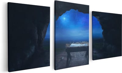 Artaza Canvas Schilderij Drieluik Kribbe in een Grot onder de Ster Van Bethlehem - 120x60 - Foto Op Canvas - Canvas Print