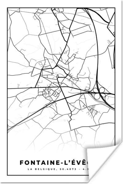 Poster België – Fontaine l'Évêque – Stadskaart – Kaart – Zwart Wit – Plattegrond - 120x180 cm XXL