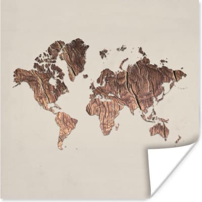 Poster 30x30 cm - Wereldkaart - Hout - Beige - Posters - Kamer decoratie - Wanddecoratie woonkamer - Muurdecoratie slaapkamer