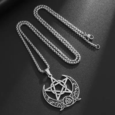 Tendance Mode Simple Minimaliste Croissant de Lune Étoile à Cinq Branches Romaine Pendentif Collier Homme et Femme gray