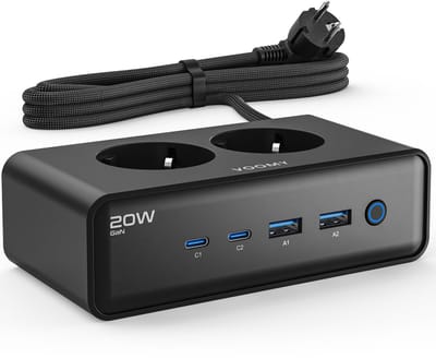 Voomy 20W Stekkerdoos - 2 USB-C & 2 USB-A Poorten - 2 Stopcontacten - Aan / Uit schakelaar - Snellader voor Laptop, Telefoon & Tablet - Oplader, Adapter, Verlengsnoer - Zwart