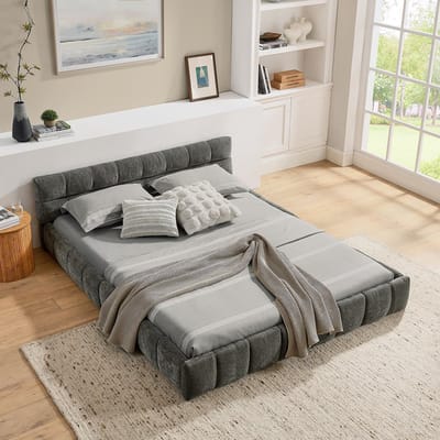 Pugsdrly Tweepersoonsbed 140*200 cm, bed met zijdezachte chenille-bekleding, vierkant quiltontwerp, gemaakt van ecologisch eucalyptushout en een stabiel ijzeren frame, eenvoudige montage, donkergrijs (zonder matras)
