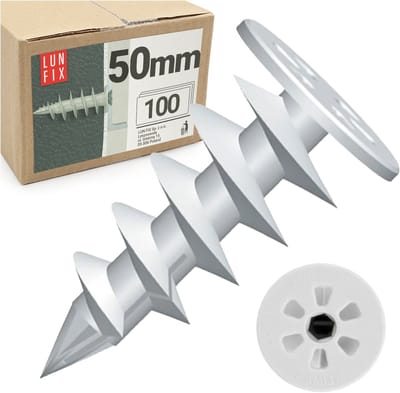 LUN FIX - Isolatiemateriaalpluggen + 50 mm - 100 stuks - Ø25 mm schotel - WDVS & Styropor