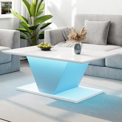 REDOM V-vormige salontafel 100×50×46 cm met hoogglans blad, app-bediening LED, wit, spaanplaat, 30 kg draagvermogen