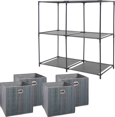 5Five Kastmandjes/opberg manden - grijs - 4x van 29 Liter - Metalen rekje is 68 x 70 cm