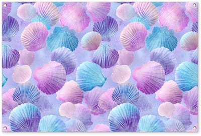 Tuinposter 120x80 cm - Tuindecoratie Schelpen - Paars - Blauw - Patroon - Poster voor in de tuin - Buiten decoratie - Schutting tuinschilderij - Tuindoek muurdecoratie - Wanddecoratie balkondoek