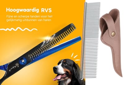 Professor Q – Professionele Effileerschaar – Uitdunschaar Kapper Rechtshandig – Zwart/Blauw met Luxe Lederen Etui – 16,5 cm – Brons + Anti-Klit Kam – Pijnloos & Huisdiervriendelijk