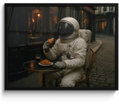 Poster in lijst - Fotolijst 80x60 cm - Posters - Café - Croissant - Koffie - Astronaut - Posterlijst zwart - Decoratie - Wanddecoratie woonkamer - Muurdecoratie slaapkamer