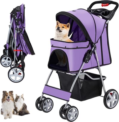 Huisdieren Wandelwagen - Hondenkar Kattenbuggy - Comfortabel Reizen - Volledig Ademend Gaas - Tot 15 kg - Paars