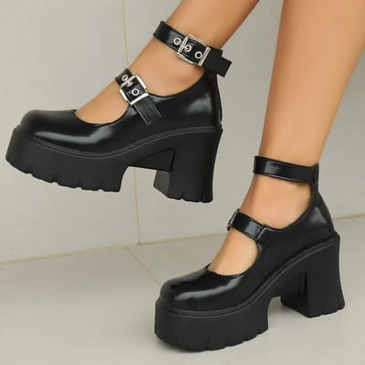 Gothic Chunky Platform Pumps voor Dames Superhoge Hakken Enkelbandje Mary Jane Schoenen Vrouw Lakleer Dikke Hak Pumps Dames 35 beige