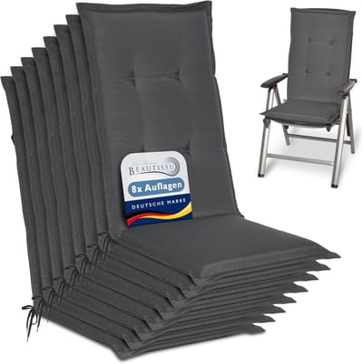 Beautissu Loft HL Set 8 x Tuinkussens Hoge Rug- 120 x 50 cm - Antraciet Kussen - Zitkussen UV- Lichtecht Tuinstoelkussen