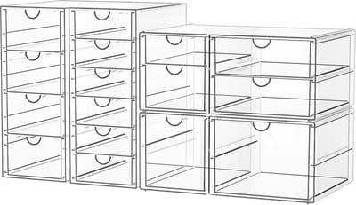 Famanu - Bureau Organizer met 16 Lades Set van 4, stapelbare ladekast voor make-up, kantoorbenodigdheden, hobby en bouwstenen, met antislip pads