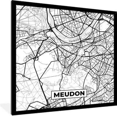 Fotolijst incl. Poster Zwart Wit- Plattegrond - Meudon - Kaart - Frankrijk - Stadskaart - Zwart wit - 40x40 cm - Posterlijst