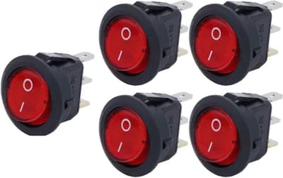 TLVX 5 stuks Schakelaar Rond Rood lampje – LED indicator - Wipschakelaar - Aan/Uit – Tuimelschakelaar – Rode LED lamp – Inbouwschakelaar - ON/OFF schakelaar – 12Volt – Max. 20A – 21mm Diameter – Auto – Boot – Caravan – Camper