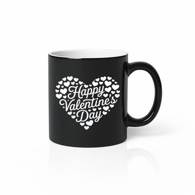 Happy Valentine’s Day Hartjes Black Magic Mok 330ml – Zwarte Keramische Koffiemok met Witte Hartjes Design – Romantisch Valentijn Cadeau voor Hem of Haar