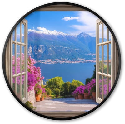 Poster in lijst Rond - Fotolijst 60x60 cm - Posters - Doorkijk - Berg - Landschap - Uitzicht - Meer - Ronde posterlijst zwart - Decoratie - Wanddecoratie woonkamer - Muurdecoratie slaapkamer
