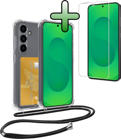 Hoes Geschikt voor Samsung S25 Hoesje Pas Houder Shock Proof Case Hoes Met Koord Met Screenprotector - Hoesje Geschikt voor Samsung Galaxy S25 Hoes Met Telefoonkoord Pasjeshouder Cover - Transparant