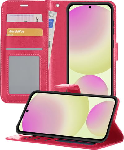 Hoesje - Met Pasjeshouder - Geschikt voor Samsung Galaxy S24 FE - Luxe Bookcase Portemonee - Flip Case - Kunstleer Book Case - Flipcase - Book Cover - Walletcase - Portemonneehoes - Telefoonhoesjes - Donkerroze