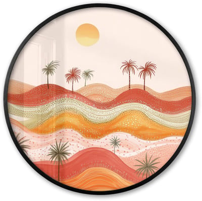 Poster in lijst Rond - Fotolijst 60x60 cm - Posters - Abstract landschap - Palmbomen - Kleurrijk - Ronde posterlijst zwart - Decoratie - Wanddecoratie woonkamer - Muurdecoratie slaapkamer