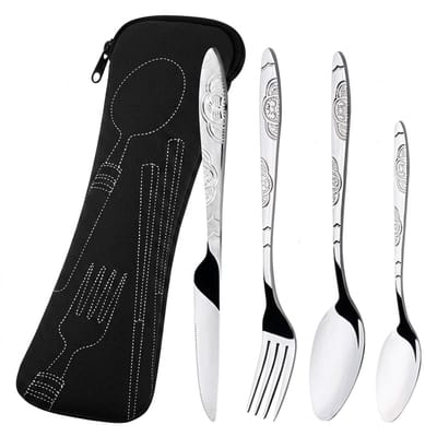 Zilverkleurig camping bestek dames en heren 4 delige RVS bestek set met mes vork lepels en opbergtas draagbaar tafelgerei voor kamperen reizen picknick en outdoor gebruik