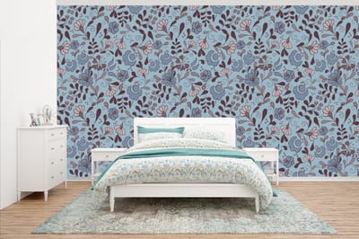 Behang - Fotobehang Patroon - Bloem - Grijs - Blauw - Breedte 500 cm x hoogte 280 cm