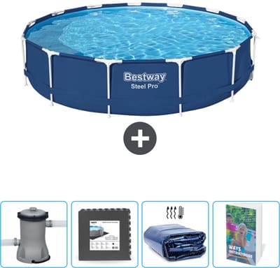 Bestway Rond Steel Pro Zwembad - 396 x 84 cm - Blauw - Inclusief Pomp Vloertegels - Solarzeil - Zwembadgids