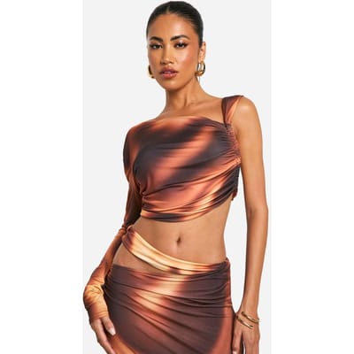 boohoo Dames Bedrukte Slinky top met een schouder en gerimpelde zijkant | Bruin | Maat: 40