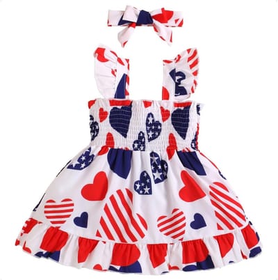Meisjesjurk voor Baby's - Mouwloze Jurk met Hartpatroon, Strepen en Sterren + Hoofdband - 2-delige Set voor Lente en Zomer, Geschikt voor 0-3 Jaar (Rood)