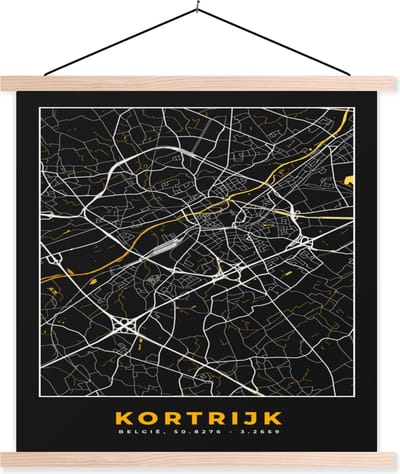 Posterhanger incl. Poster 40x40 cm - Schoolplaat - Kaart - Kortrijk - Goud - Plattegrond - Stadskaart - Textielposter - Blanke latten - Stadskaart