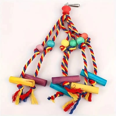 @ Lu’s Today® – Basic Pet Essentials – vogel speelgoed Touw met Gekleurde Kralen en Houten Blokken - Duurzaam Vogelspeeltje voor vermaak