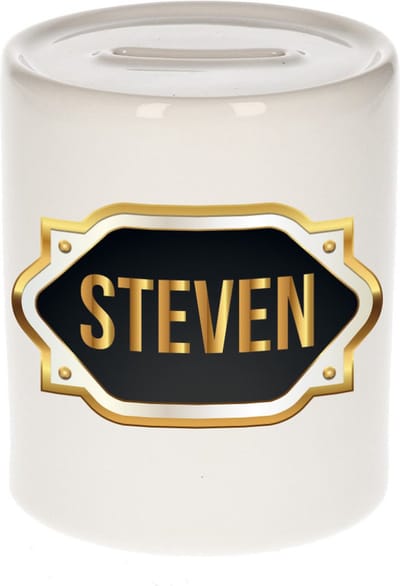 Spaarpot met voornaam Steven - wit - met goud/zwart embleem - 8 x 9 cm - keramiek - met afsluitdop - cadeau verjaardag