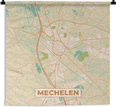 Wandkleed - Wanddoek - België - Kaart - Mechelen - Stadskaart - Plattegrond - 180x180 cm - Wandtapijt
