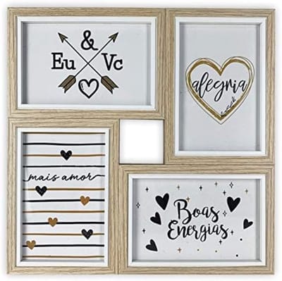 PromoHome Meervoudige Fotolijst Wanddecoratie - 4 Foto's 10x15 cm Beige Houten Fotocollage Muurdecoratie Herinneringen Foto Frame