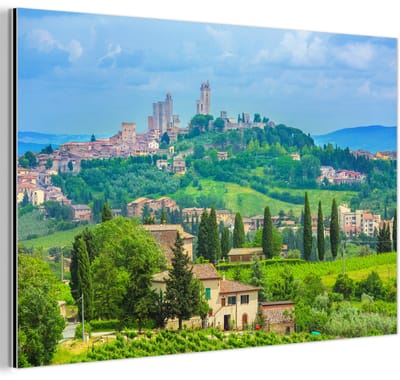 Aluminium schilderij 180x120 cm - Wanddecoratie metaal - De heuvels van het Italiaanse San Gimignano in Toscane - Metalen muurdecoratie woonkamer - Decoratie industrieel - Foto op dibond - Industriële accessoires slaapkamer
