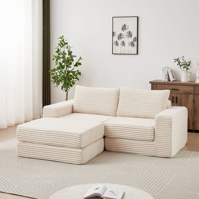 MODFU Slaapbank - 2-In-1 En Modulair - Klassiek - Met Verplaatsbare Voetenbank - Ribstof - Beige