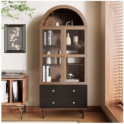 Merax Retro-modern opbergmeubel van gebogen glas - 70 x 38 x 168 cm - met 2 lades - glas + MDF - bruin